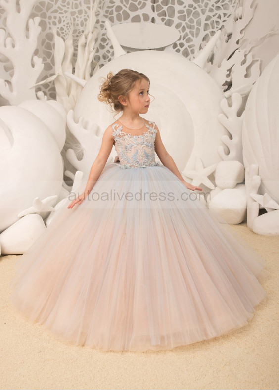 Beaded Light Blue Lace Tulle Chic Flower Girl Dress